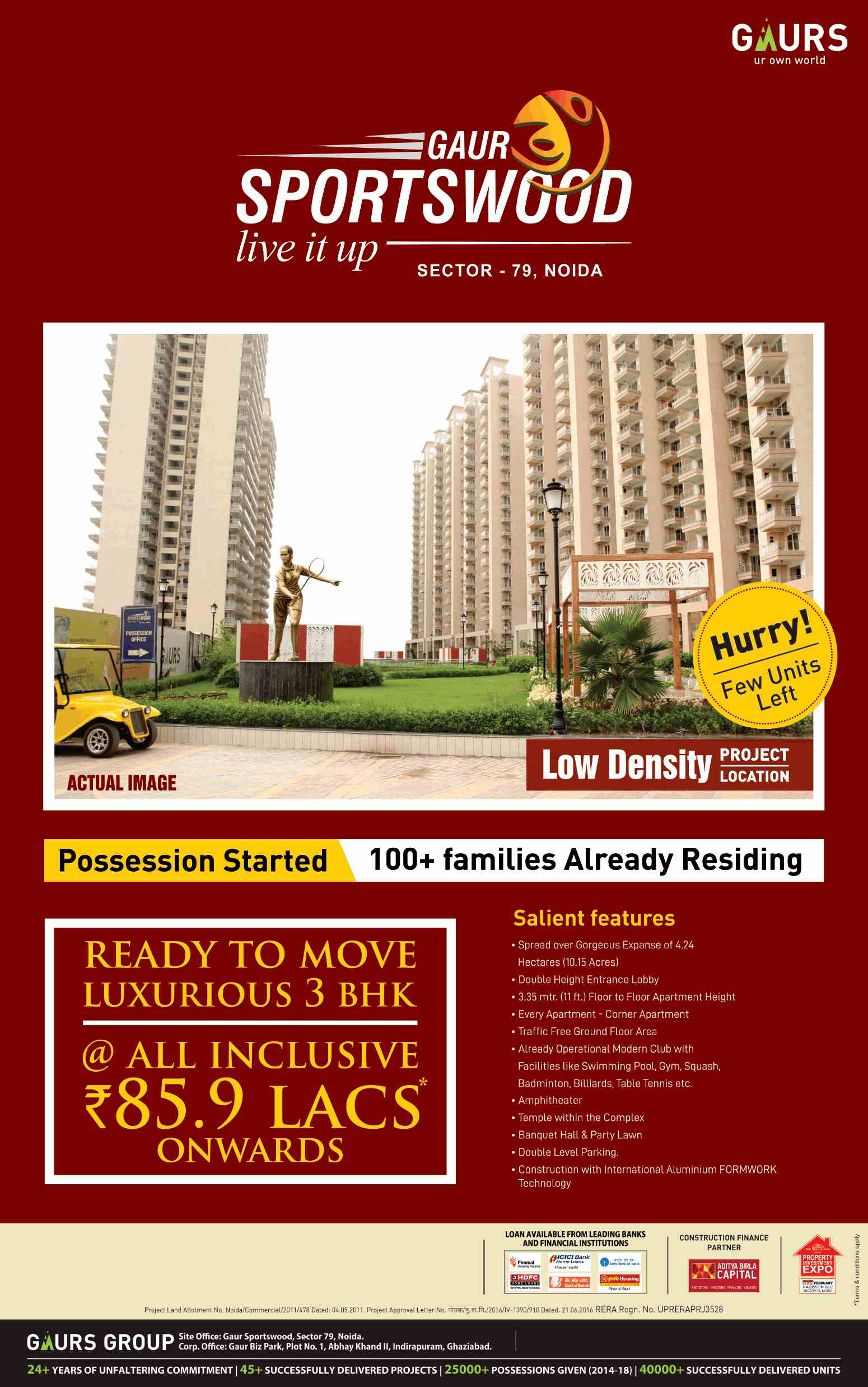 Buy ready to move luxurious 3 BHK @ 85.9 Lacs at Gaur Sportswood, Sector 79, Noida